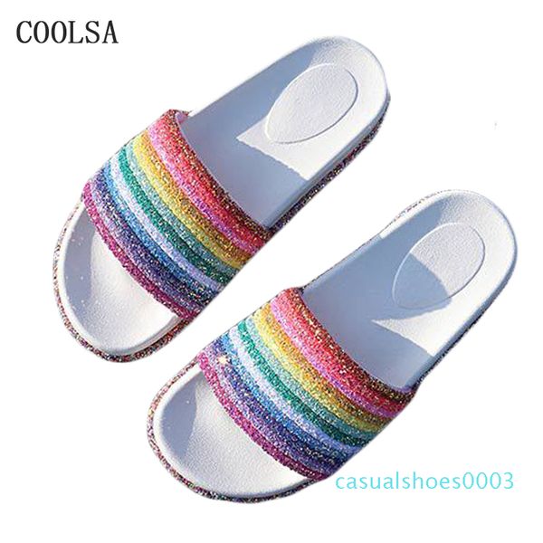 

new summer mixed colors women slippers rainbow bling shoes glitter crystal slides beach sandals flip flop platform slip on shoes c03, Black