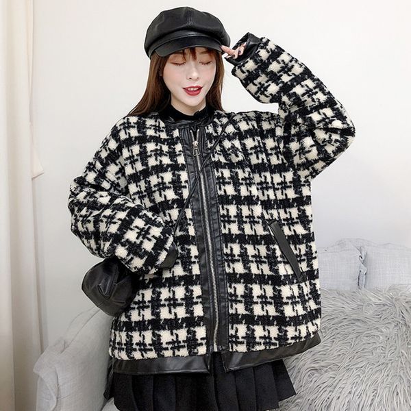 

fashion tide round neck long sleeve loose lamb hair plaid jacket female autumn and winter new warm cotton clothing 19b-a153, Black