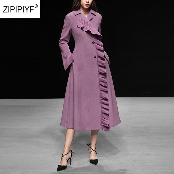 

purple ruffles long wool coat notched neck women autumn winter coat 2018 clothes elegant outwear womens vintage coats ab106, Black