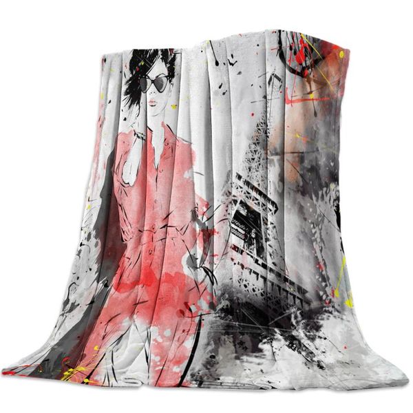 

fashion woman tourist paris tower retro nap blanket super soft cozy coral fleece throw blanket bedspread for couch throw travel