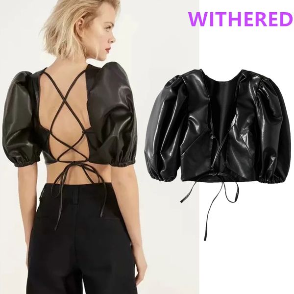 

увядшие ins мода блоггер high street backless sexy short pu блузка женщины blusas mujer de moda 2020 короткая рубашка женские топы, White