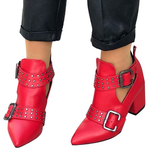 

vintage women's ladies ankle boots rome shoes pointed toe casual single shoes short boots ankle square red botas mujer, Black
