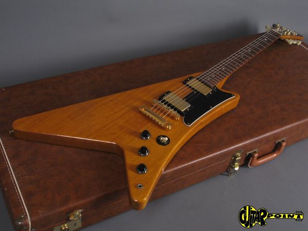 

rare moderne korina 1958 reissue heritage 1982 natural explorer electric guitar boat paddle gumby style headstock, dot inlay, gold hardware