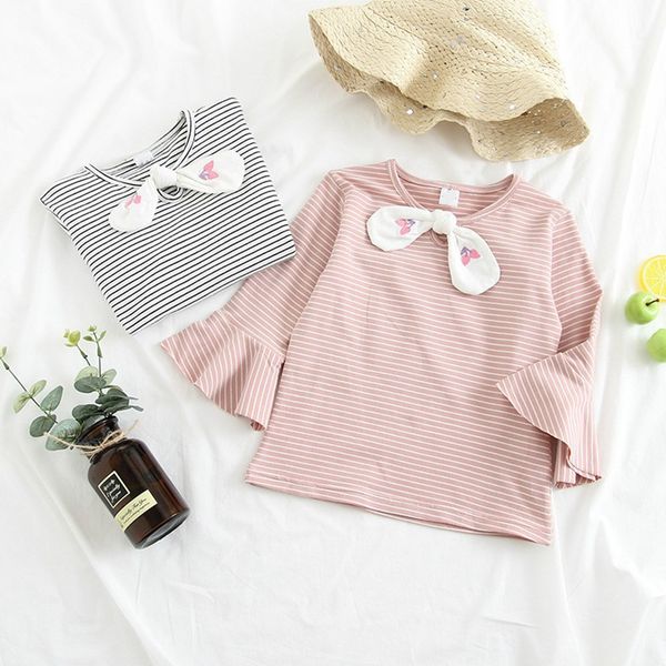 

2019 princess autumn basic t-shirt for baby girls kids children striped bowtie flare long sleeve t-shirt tee wt739, Blue