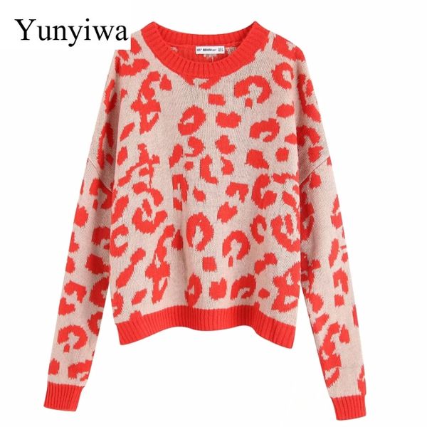

women fashion animal pattern printing knitting casual loose sweater ladies o neck basic leopard sweater pullovers chic, White;black