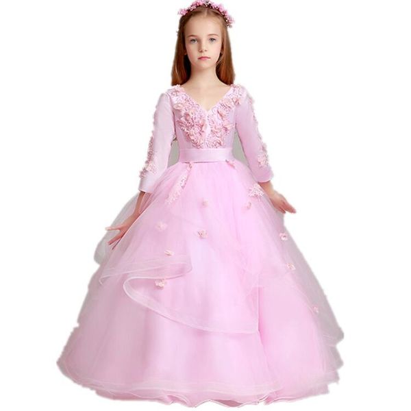 

princess pink flower girl dresses cascading lace applique pageant dresses for girls first communion birthday party, Red;yellow