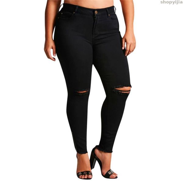 

stretch denim pant thin hole pencil distressed ripped slim fit pocket trousers women's high waist extra large size jeans, Blue