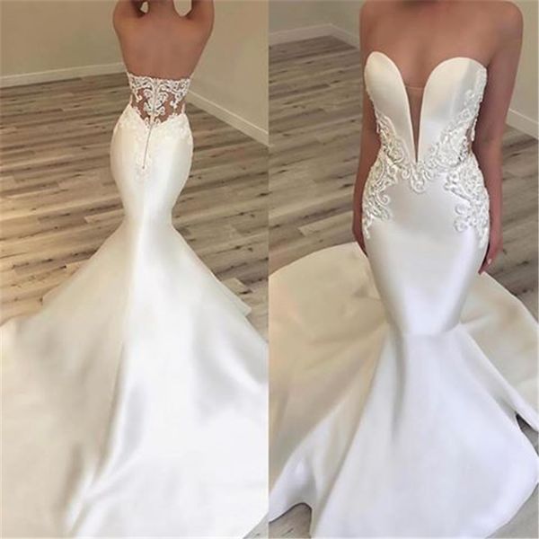 

2019 modern satin mermaid wedding dresses sweetheart beaded appliques sheer neck fitted long bridal gowns, White