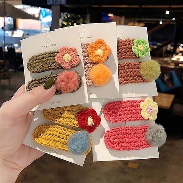 

autumn and winter new knitted wool cute colorful flower ball hair clips girls children kids hairpins barrettes hairgrip headwear, Golden;white