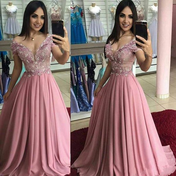

2020 new dusty rose pearls prom formal dresses evening gowns off shoulders applique lace beaded chiffon pageant party dress cheap