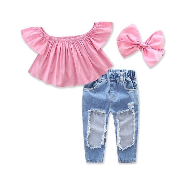 

wholesale kids designer clothes girls sets summer fashion baby girl designer clothes suit pink blouse+hole jeans+headband 3pcs by1058, White