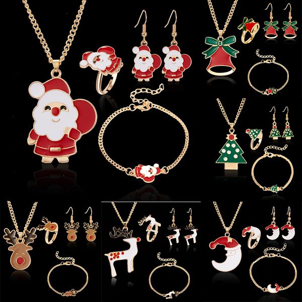 

4pcs/set christmas gift jewelry set santa claus snowman deer xmas tree pendant necklace earrings bracelet ring sets for kids, Silver