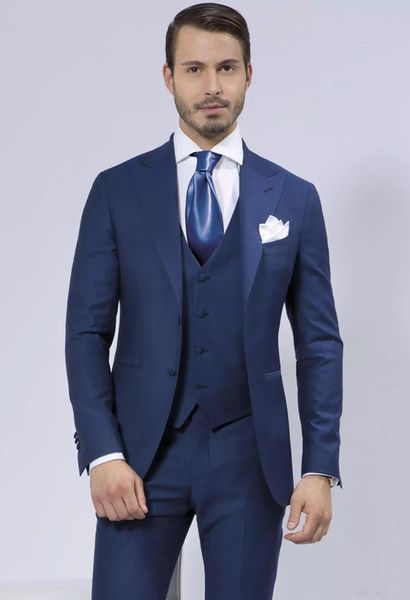 Novo personalizado azul ternos masculinos casamento noivo smoking pico lapela padrinhos melhor homem ternos (jaqueta + calças + colete) baile de formatura 588