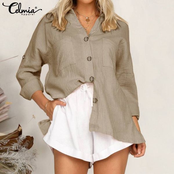 

plus size women long sleeve blouses celmia 2019 autumn v-neck buttons female blusas femininas fashion office shirt 5xl, White