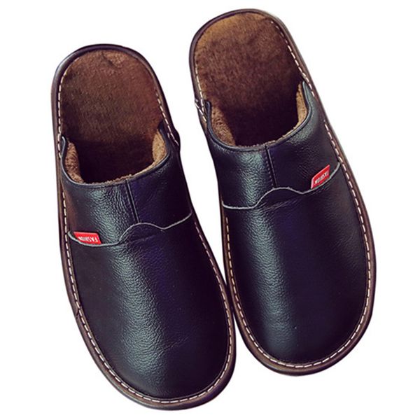 

leather home slippers for men winter warm plush slippers bedroom genuine leather men/women house indoor shoes, Black