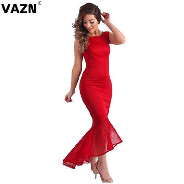 

vazn new young lady of note party untidy fashion solid round neck tank sleeve waist collection women mermaid maxi dress, Black;pink