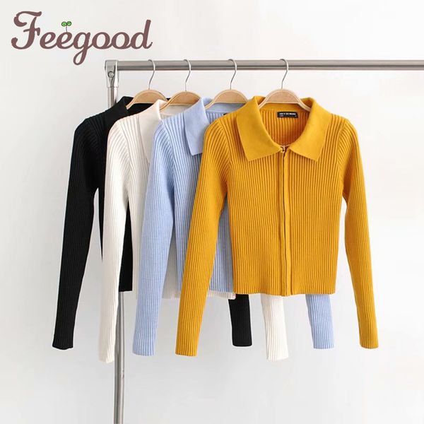 

woman knitted cardigan turn-down collar double zipper sweater european style solid color tight short crop streetwear 929, White;black