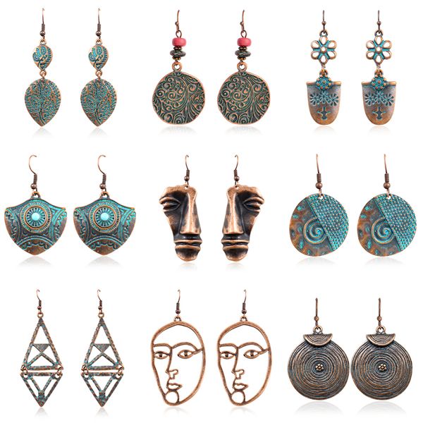 

retro stereoscopic face ethinc carving earrings stone shield shaped geometric spiral hollow flower bead charm bohemia earrings, Silver