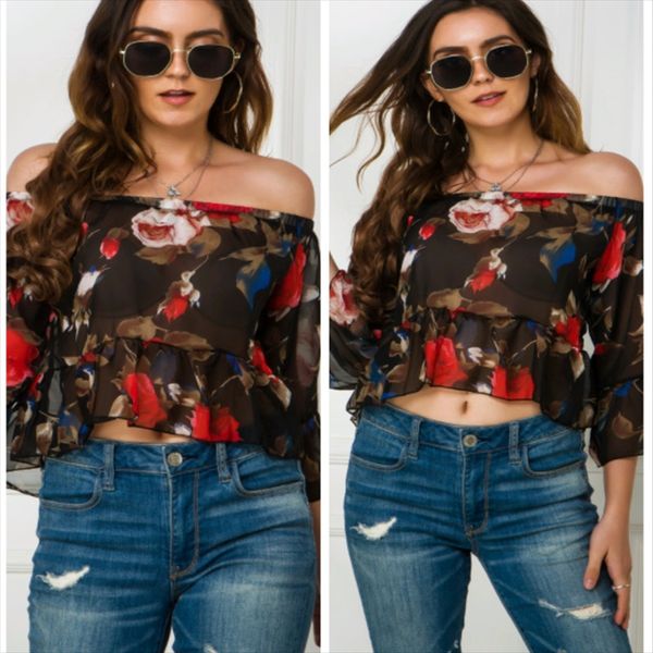 

9001#2020 summer independentfloral collar chiffon flower shoulder t-shirt female 9001#2020 summer independentfloral one-line collar chiffon, White