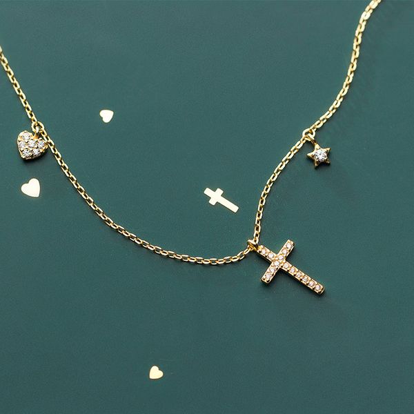 

fashion 925 sterling silver cubic zircon cross heart star pendant statement gold color plated chain necklaces jewelry for women