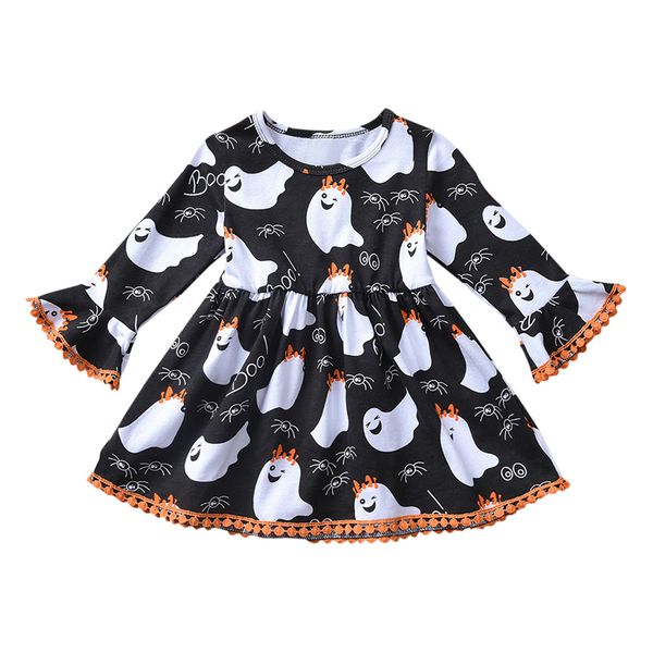 

kids designer clothes girls ghost print dress halloween children flare sleeve princess dresses spring autumn boutique baby clothing c1025, Red;yellow