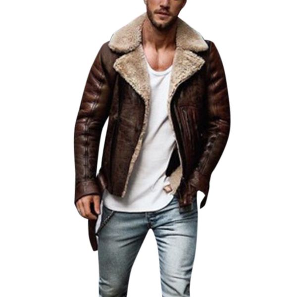 

faux leather jacket winter coat thick wool liner biker jacket overcoat motorcycle zipper d91015, Black