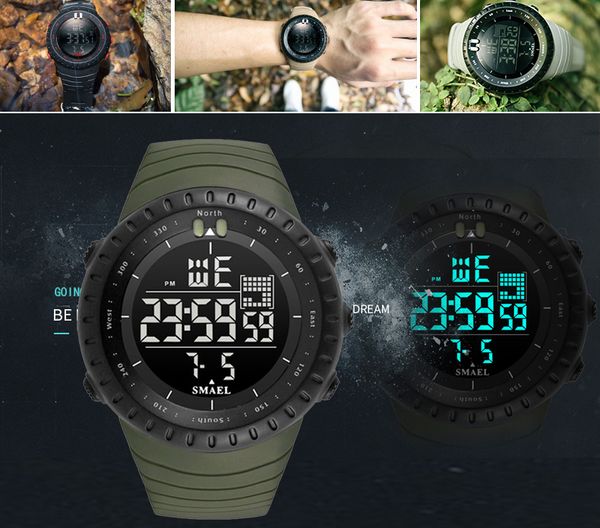 

mens sports watches electronic chronograph 2019 new men's watch big dial digital 50m waterproof digital led wrist watches, Slivery;brown