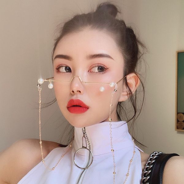 

2019 vibrato glasses frame without lens pearl inlaid chain decorative p glasses female ins super fire, Black