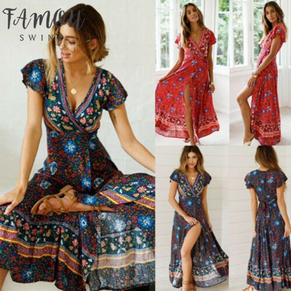 

урожай кардиган талии платья женщин цветочные одежда с коротким рукавом boho maxi длинные сплит платье, Black;gray