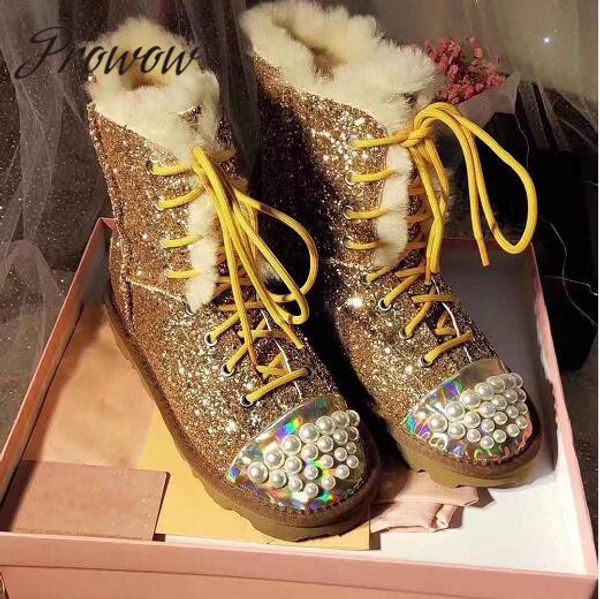 

prowow new genuine leather crystal beading lace up women boots round toe glitter warm fur boots shoes women, Black