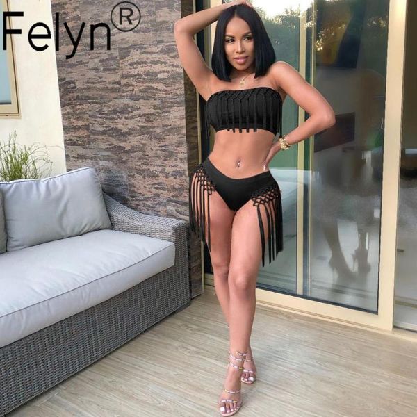 

felyn 2020 высокое качество новый дизайн две части бикини боди черная кисточка с плеча летние пляжные купальники, Black;white