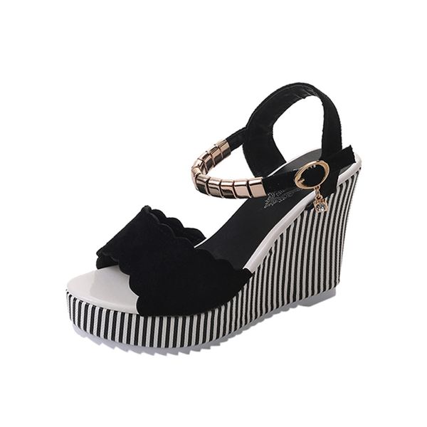 

nice fashion women buckle slope with wedge flip flops open toe sandals shoes women stripe rhinestone platform sandals shoes, Black