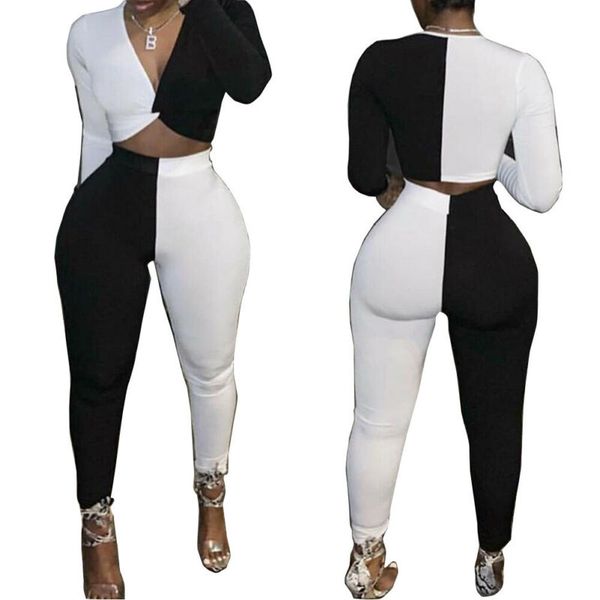 

two piece dress high elastic white and black fitness tracksuit woman 2 set skinny long sleeves crop slim leggings sportswear suit