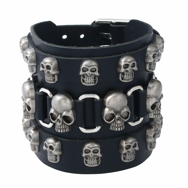 

vintage punk broad leather strip bracelet alloy skull charm bracelet genuine leather belt buckle men armban, White