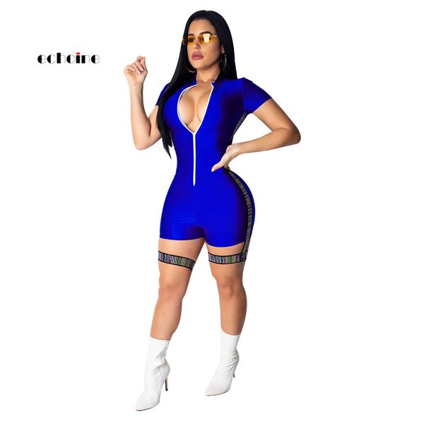 

echoine women jumpsuit zipper low cut fashion stand collar patchwork elastic sheath playsuit streetwear short pants rompers, Black;white
