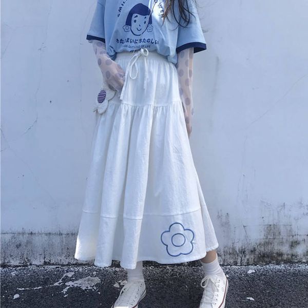 

skirts long women preppy style high waist white casual skirt 2021 korean floral embroidery mori girls p523, Black