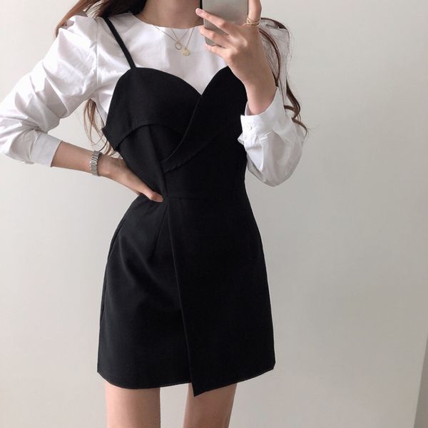 

2 pieces set black dress slip one piece spaghetti strap slim fit short petite dress with white robe vestido fiesta, Black;gray