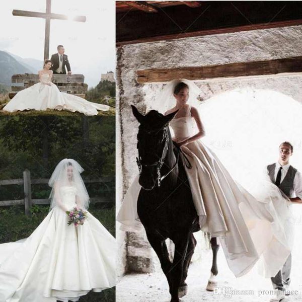 

модест атласная линия свадебные платья сексуальные без бретелек длинные свадебные платья без рукавов деревенские подметальные поезд свадебны, White