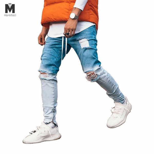 

модные мужчины узкие джинсы байкер разрушенный fit denim рваные джинсовые брюки gradient голеностопного молния карандаш штаны хип-хоп street, Black