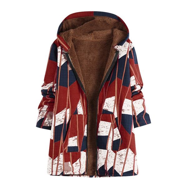 

winter coat women plus size warm vintage print asymmetrical hooded outwear long coats thick fleece overcoat manteau femme hiver, Black