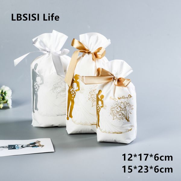 

lbsisi life 50pcs gold bride wedding candy bags plastic drawstring bag wed decor cookie snack candy bag party gift