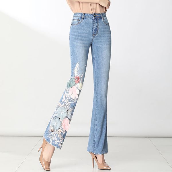 

ferzige 3d decal luxury beading embroidery pants women fashion skinny stretch high waist jeans female blue casual slim fit pants