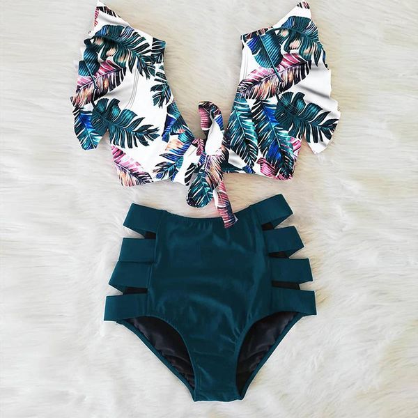

beach bathing suit swimwear beach clothing floral ruffled hem bikini set women flora v neck high waisted two piece swimsuit 2020 girl, White;black