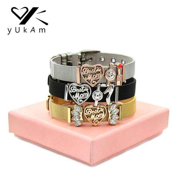 

yukam jewelry stainless steel mesh keeper bracelets silver rose gold love heart mom baby feet bracelet for mothers day gift, Golden;silver