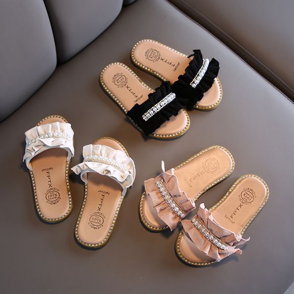 

2020 summer new children's slippers korean version of the pearl girl sandals soft bottom lace female baby shoes non-slip, Black;red