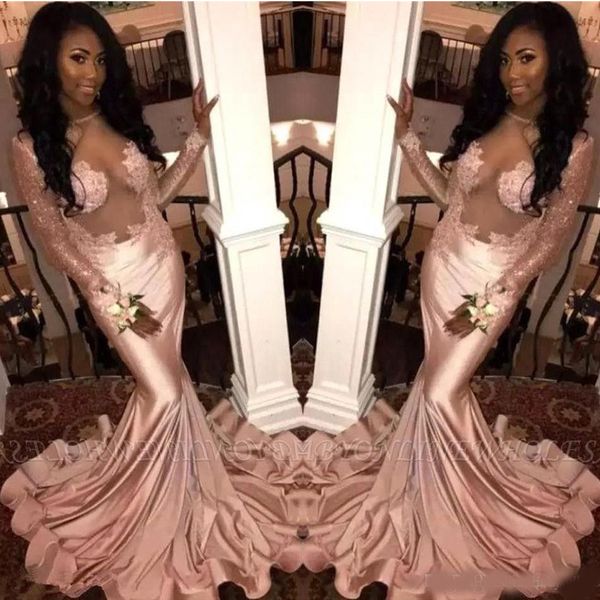 

dusky pink satin mermaid prom dresses illusion sheer long sleeves lace applique sweep train formal graduation party evening gowns, Black