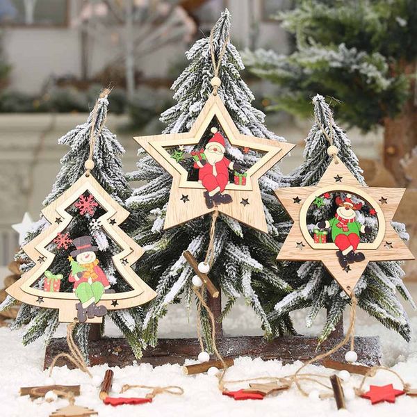 

1 pcs christmas star wooden pendants ornaments xmas tree ornament diy wood crafts kids gift for home christmas party decorations