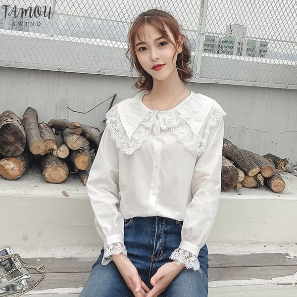 

peterpan collar lace white shirt long sleeve shirts korean ruffles women streetwear slim chiffon blouse femme