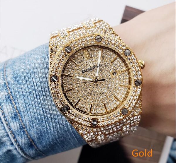 

Полный ледяной Роскошный 42 мм алмаз Кварцевые мужские часы Полный алмазный ремешок Кварц Нержавеющая сталь Сапфир Полные функциональные мужские часы