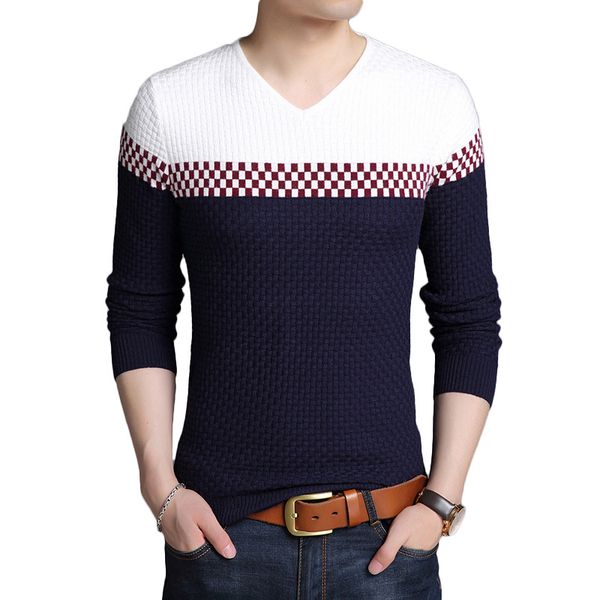 

2018 autumn winter warm wool sweaters casual hit color patchwork v-neck pullover men brand slim fit cotton sweater, White;black